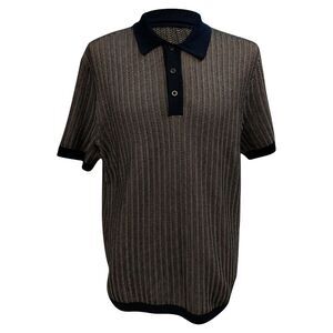 Mr. P. Knitted Short Sleeve Polo Shirt in Beige and Navy Blue Cotton